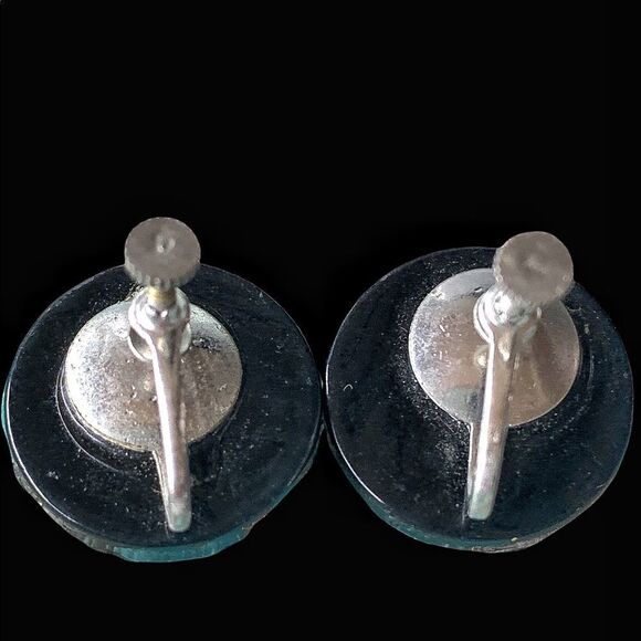 Vintage black turquoise crystal mid century earrings screw back - Picture 7 of 7